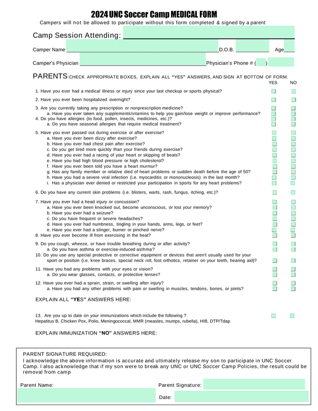 2024 UNC Soccer Camp MEDICAL FORM screenshot