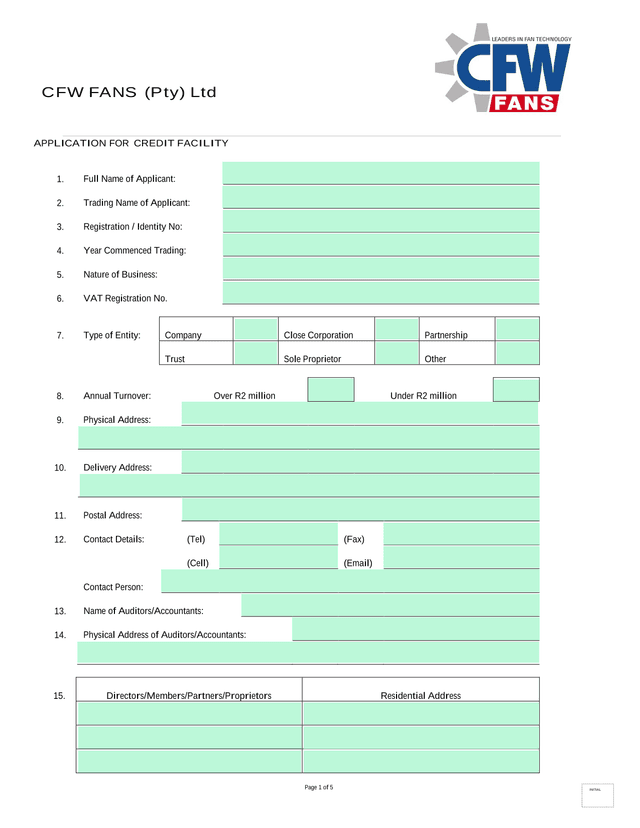 Application For Credit Facility screenshot