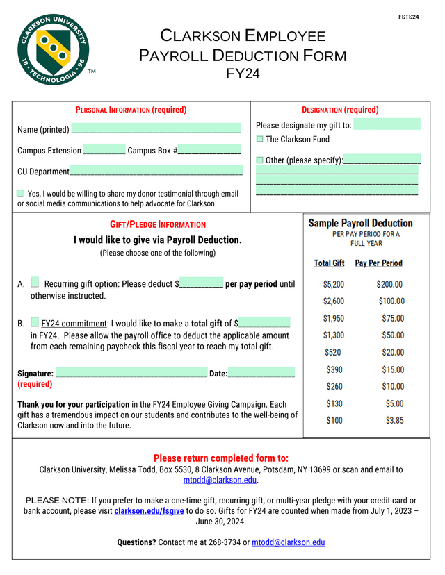 CLARKSON EMPLOYEE PAYROLL DEDUCTION FORM screenshot
