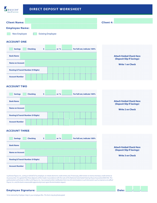 Direct Deposit Worksheet screenshot