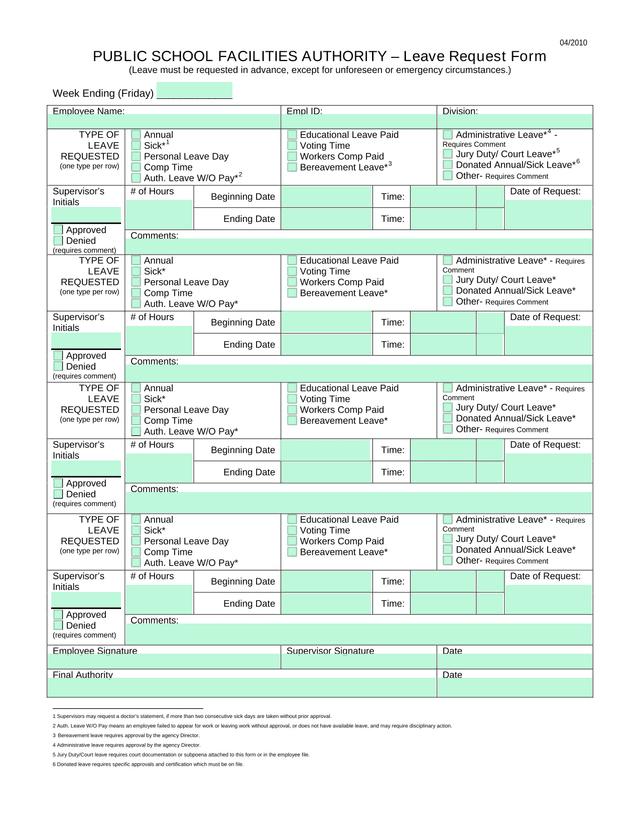 PUBLIC SCHOOL FACILITIES AUTHORITY  Leave Request Form screenshot