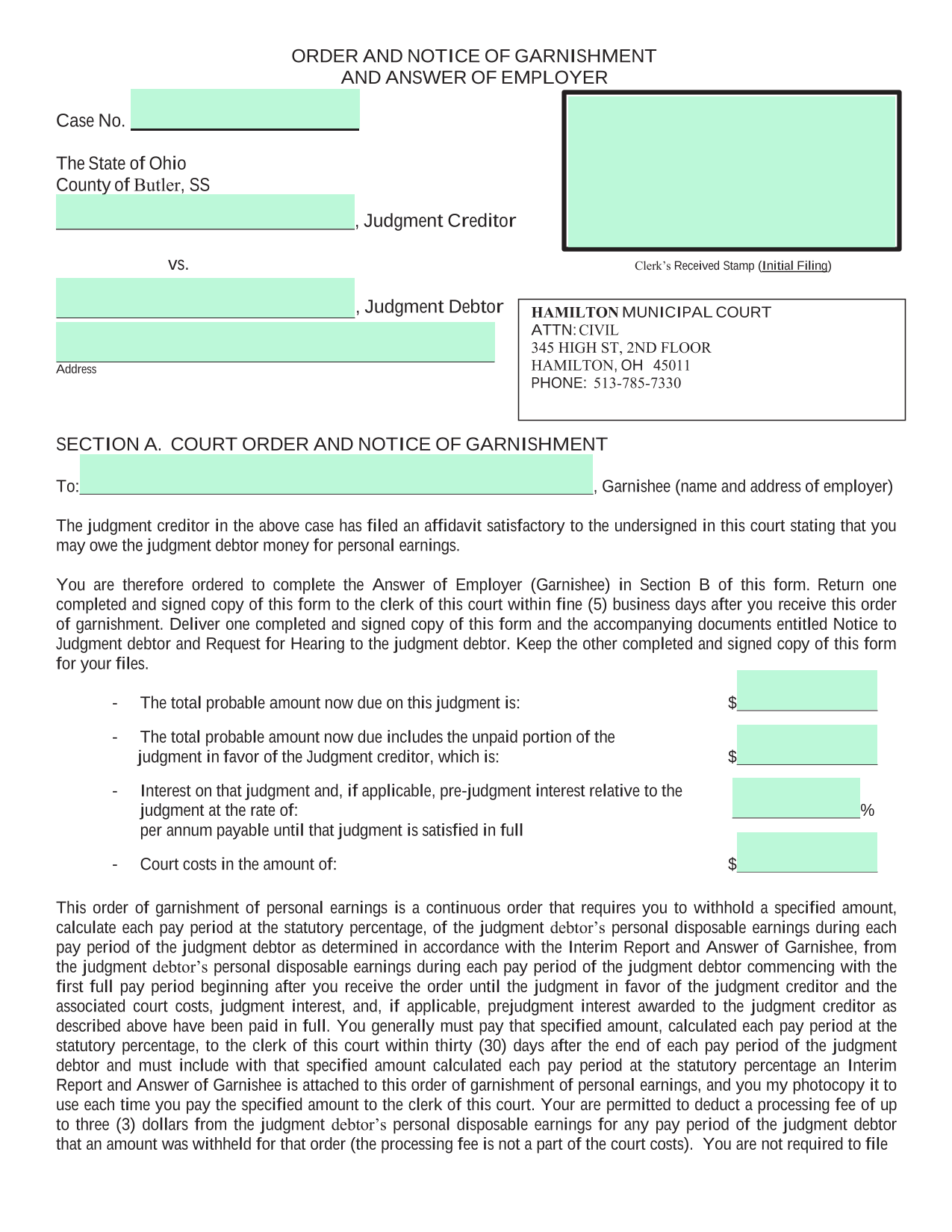 Order And Notice Of Garnishment And Answer Of Employer screenshot