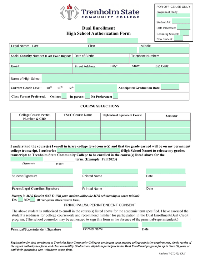 Dual Enrollment High School Authorization Form screenshot