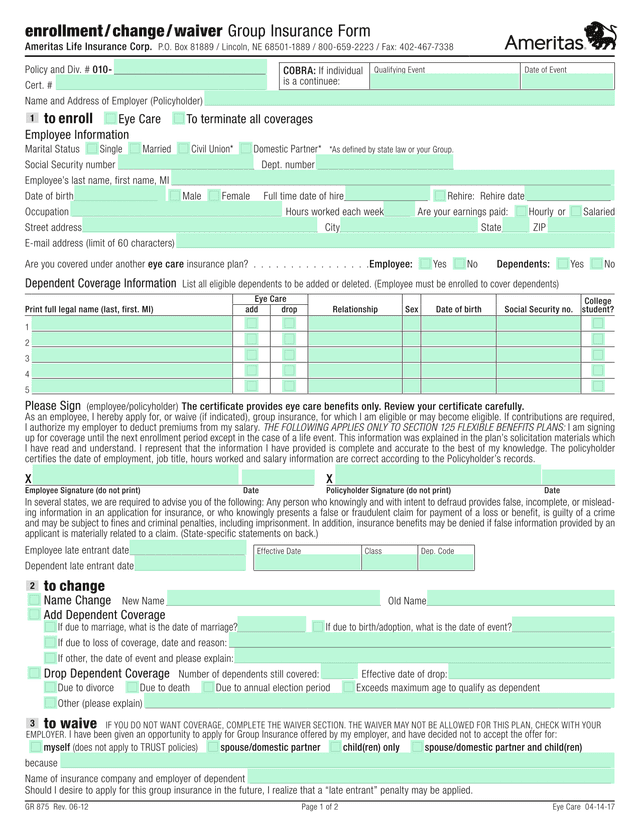 Enrollment  Change  Waiver Group Insurance Form screenshot