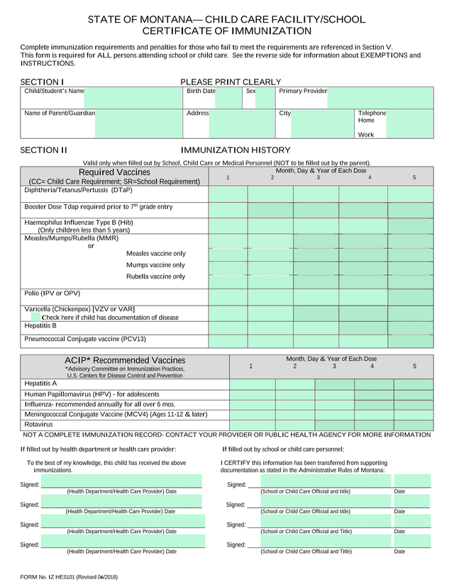 State Of Montana Child Care FacilitySchool Certificate Of Immunization screenshot