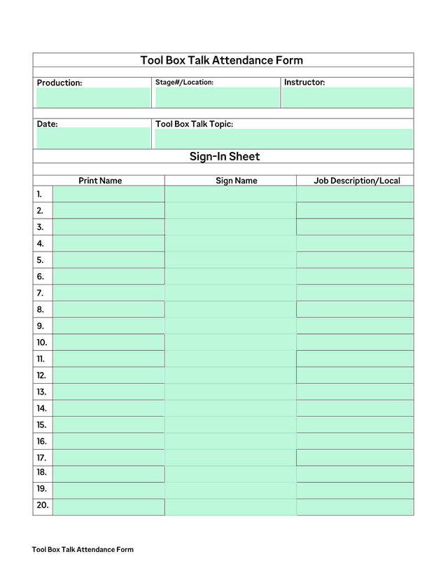 Tool Box Talk Attendance Form screenshot