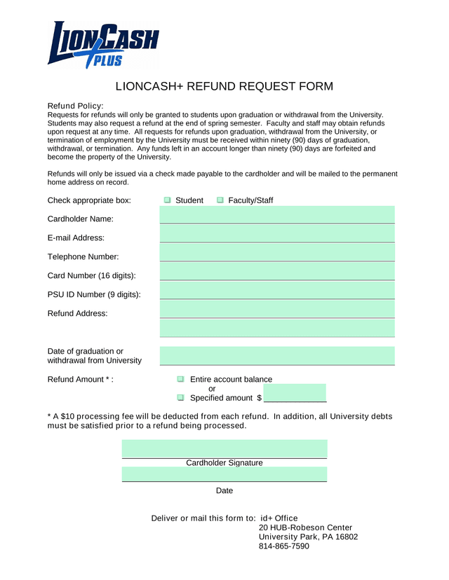 LIONCASH REFUND REQUEST FORM screenshot