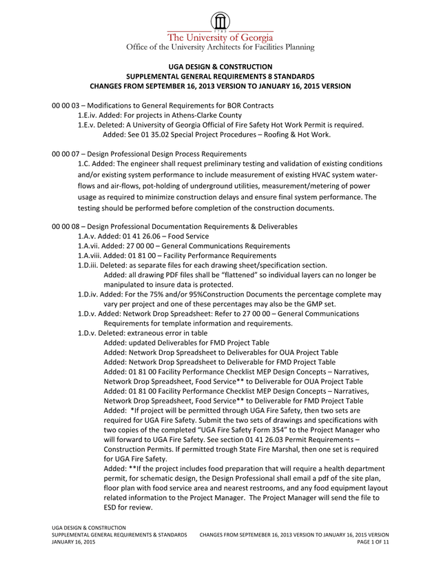 UGA Design  Construction Supplemental General Requirements  Standards screenshot