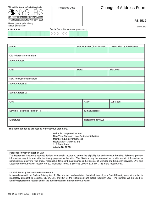 Change Of Address Form screenshot