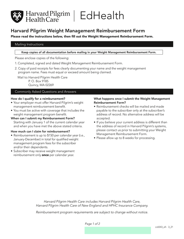Harvard Pilgrim Weight Management Reimbursement Form screenshot