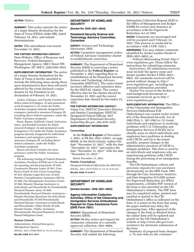 Federal Register Notice FEMA4586DR Texas Disaster Declaration Amendment screenshot