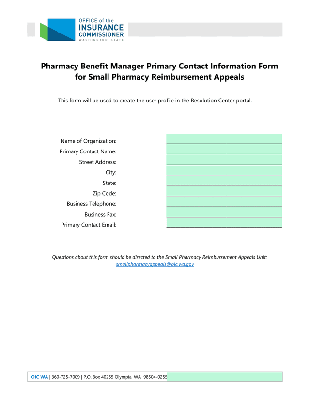 Pharmacy Benefit Manager Primary Contact Information Form For Small Pharmacy Reimbursement Appeals screenshot