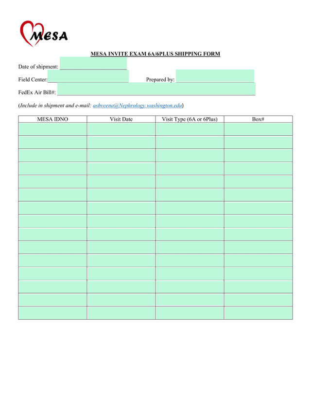 MESA INVITE EXAM 6A6PLUS SHIPPING FORM screenshot