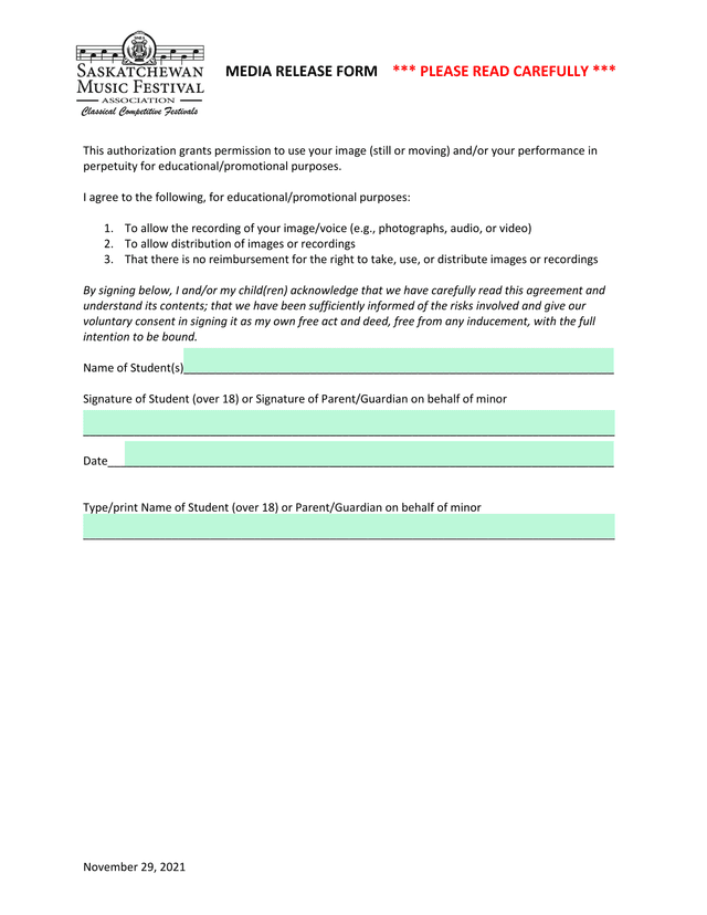 Media Release Form screenshot