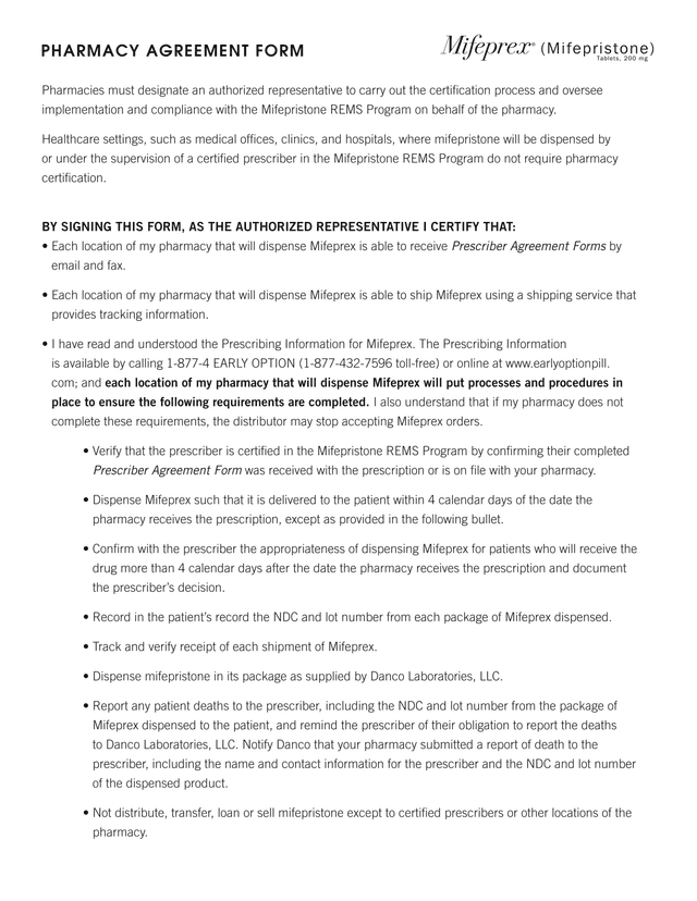 Mifepristone REMS Program Pharmacy Certification Form screenshot