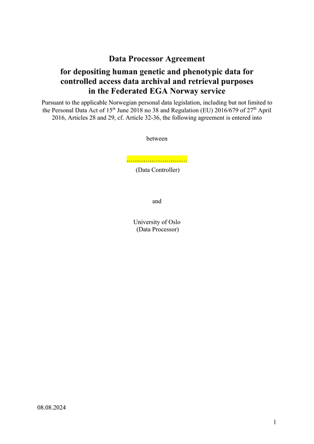 Data Processor Agreement For Federated EGA Norway screenshot