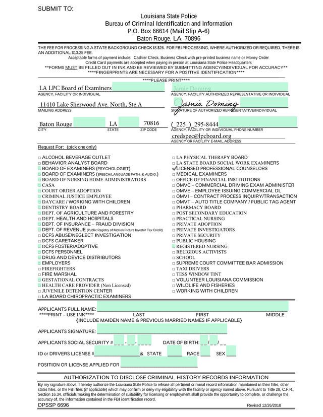 Louisiana State Police Background Check Request Form screenshot