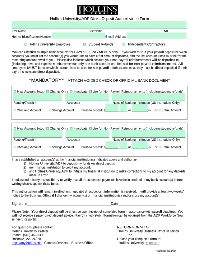 Hollins UniversityADP Direct Deposit Authorization Form screenshot
