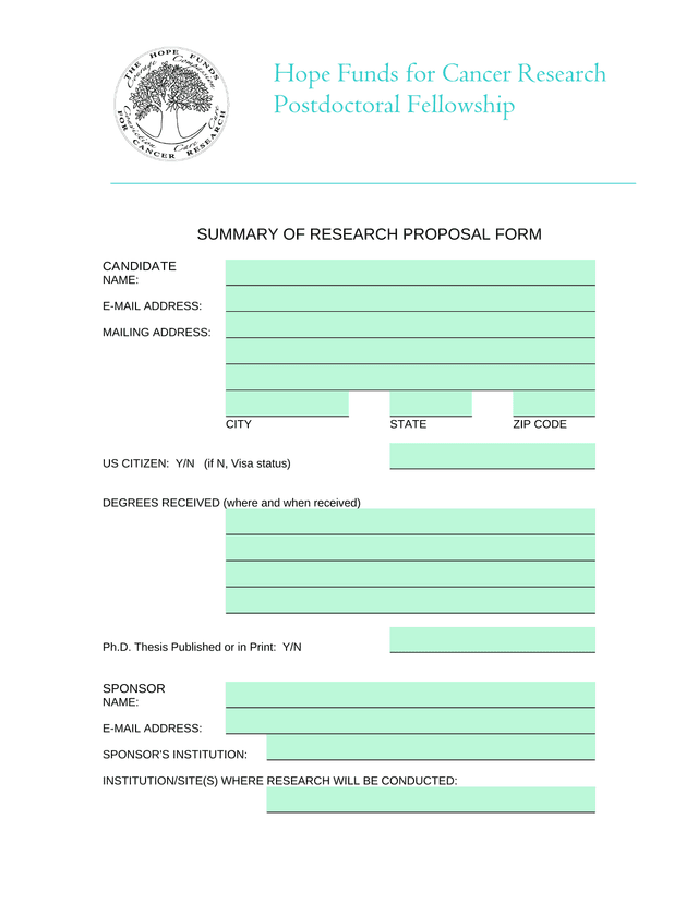 Hope Funds For Cancer Research Postdoctoral Fellowship Summary Of Research Proposal Form screenshot