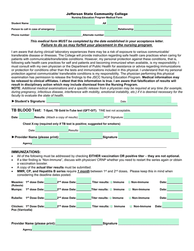 Nursing Education Program Medical Form screenshot