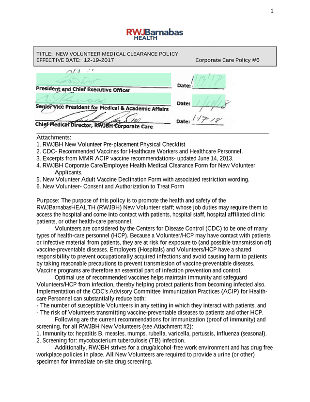 NEW VOLUNTEER MEDICAL CLEARANCE POLICY screenshot