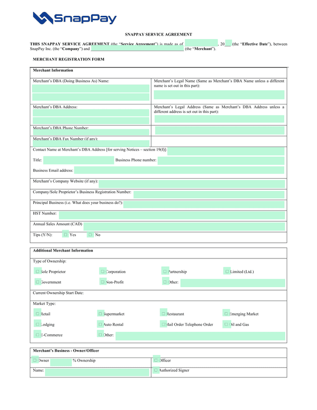 SNAPPAY SERVICE AGREEMENT screenshot