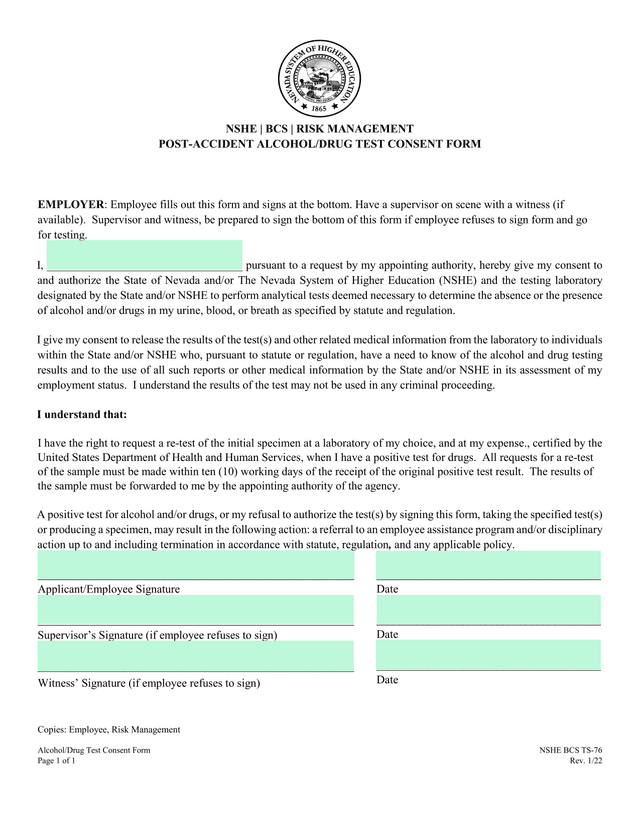 Post Accident AlcoholDrug Test Consent Form screenshot