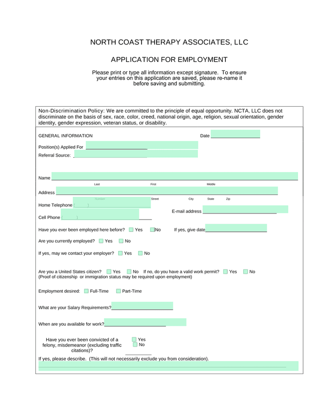 North Coast Therapy Associates, LLC Application For Employment screenshot