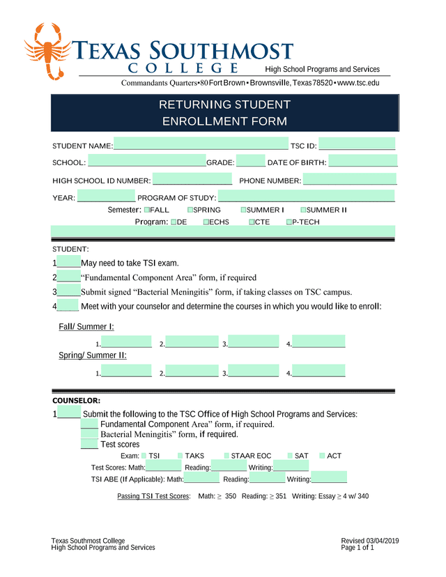 Returning Student Enrollment Form screenshot