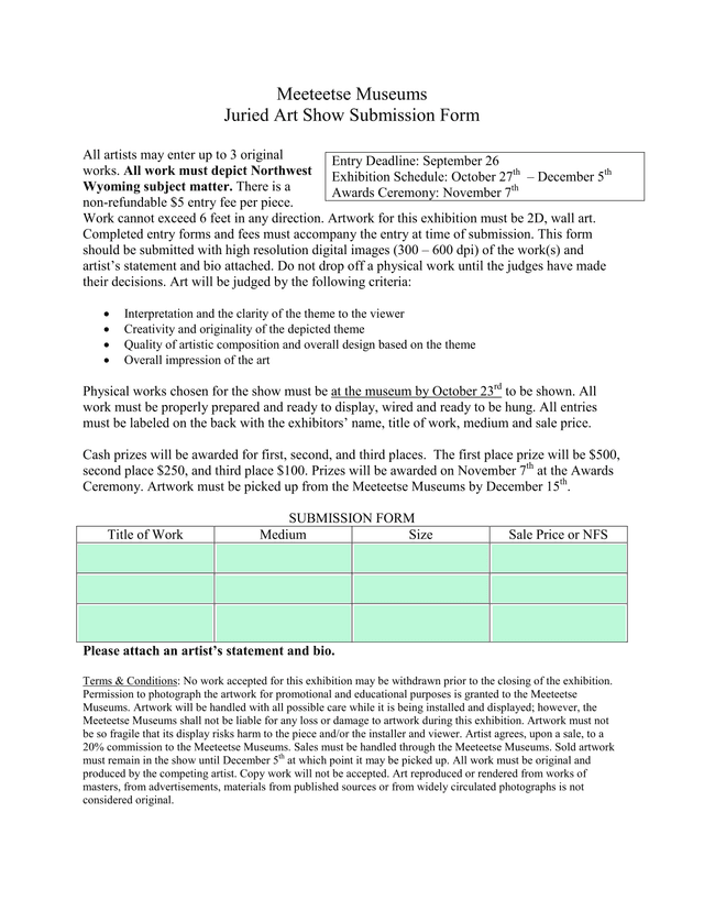 Meeteetse Museums Juried Art Show Submission Form screenshot