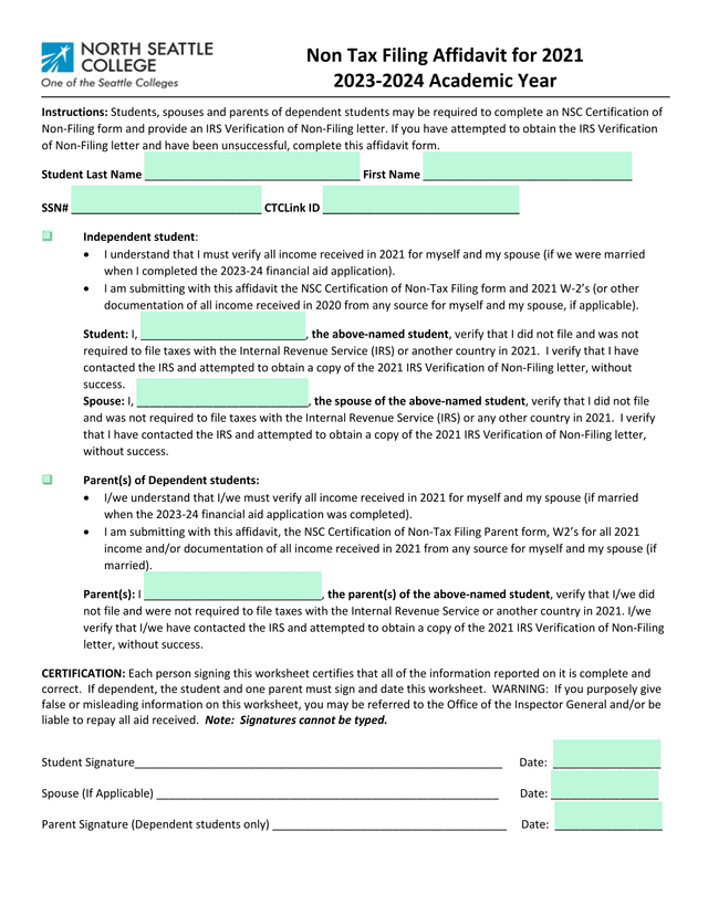 Non Tax Filing Affidavit For 2021 screenshot