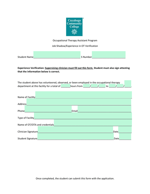 Occupational Therapy Assistant Program Job ShadowExperience In OT Verification screenshot