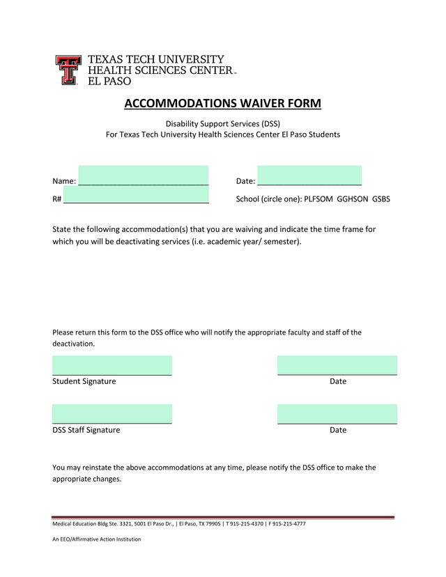 Accommodations Waiver Form screenshot