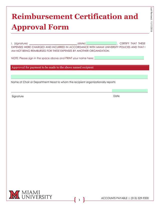 Reimbursement Certification And Approval Form screenshot
