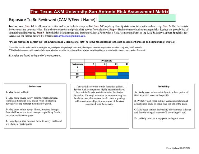Texas AM University San Antonio Risk Assessment Matrix screenshot