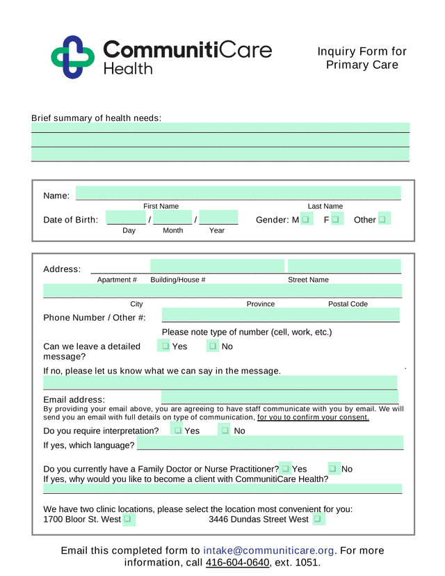 Inquiry Form For Primary Care screenshot