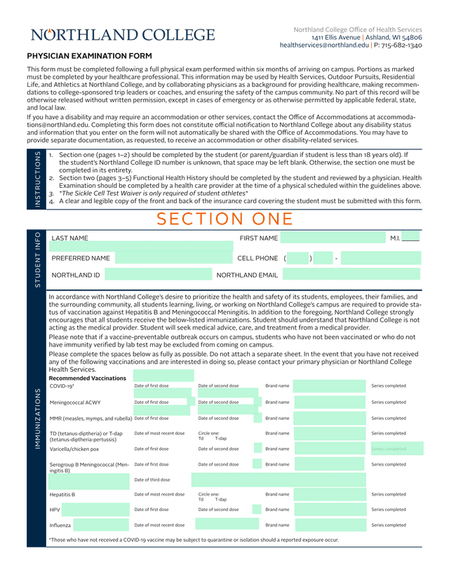 Physician Examination Form screenshot