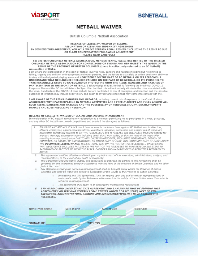 Netball Waiver screenshot