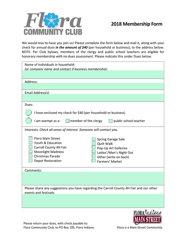 2018 Membership Form screenshot