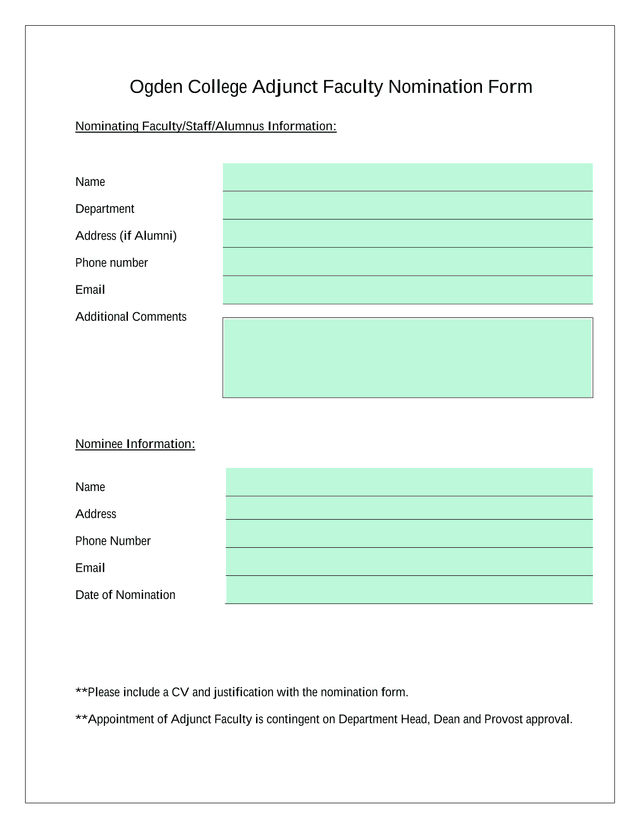 Ogden College Adjunct Faculty Nomination Form screenshot