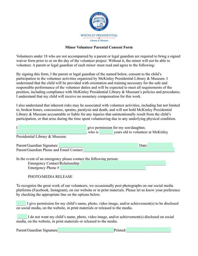 Minor Volunteer Parental Consent Form screenshot