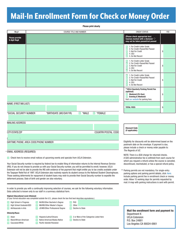Mail In Enrollment Form For Check Or Money Order screenshot