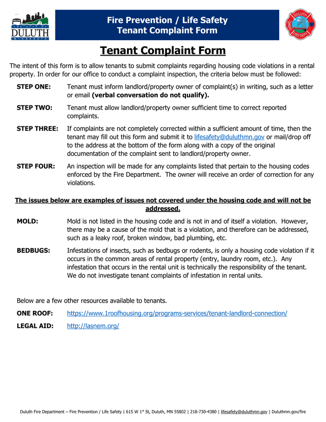 Tenant Complaint Form screenshot