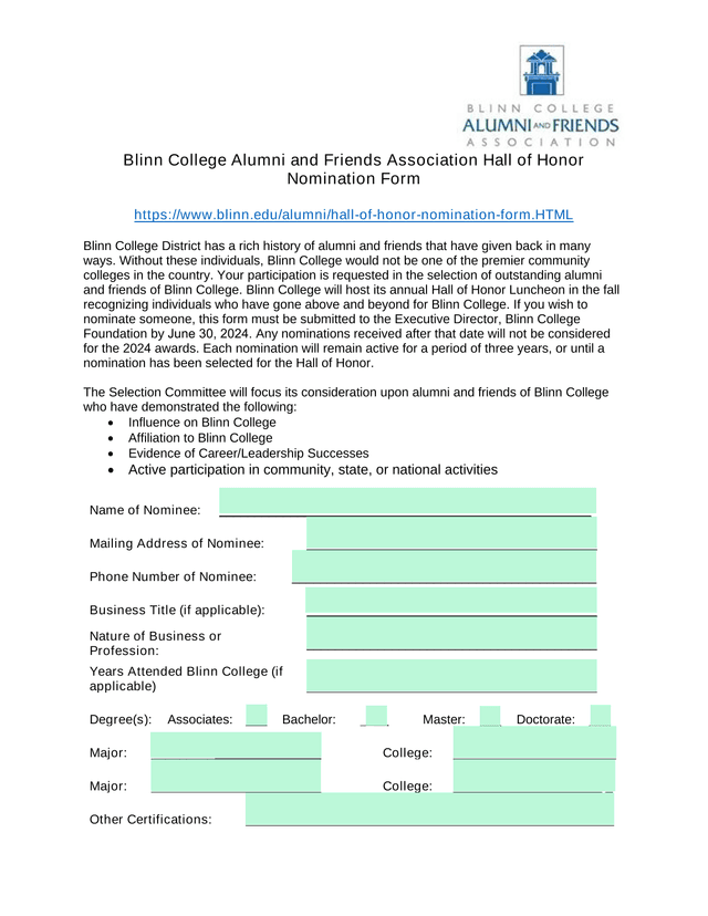 Blinn College Alumni And Friends Association Hall Of Honor Nomination Form screenshot