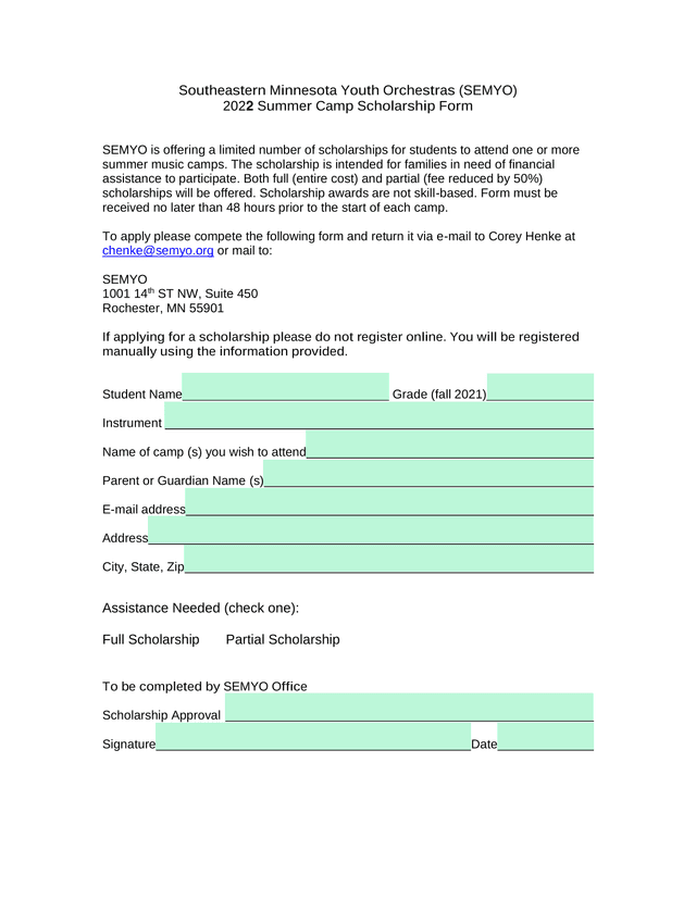 SEMYO Summer Camp Scholarship Form screenshot