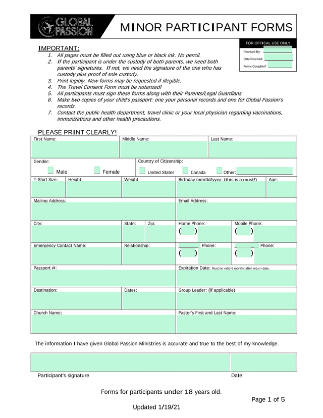 Minor Participant Forms screenshot