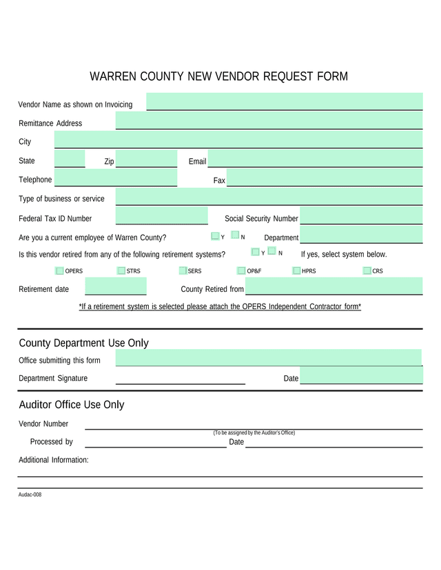 Warren County New Vendor Request Form screenshot
