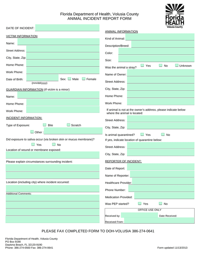 Animal Incident Report Form screenshot