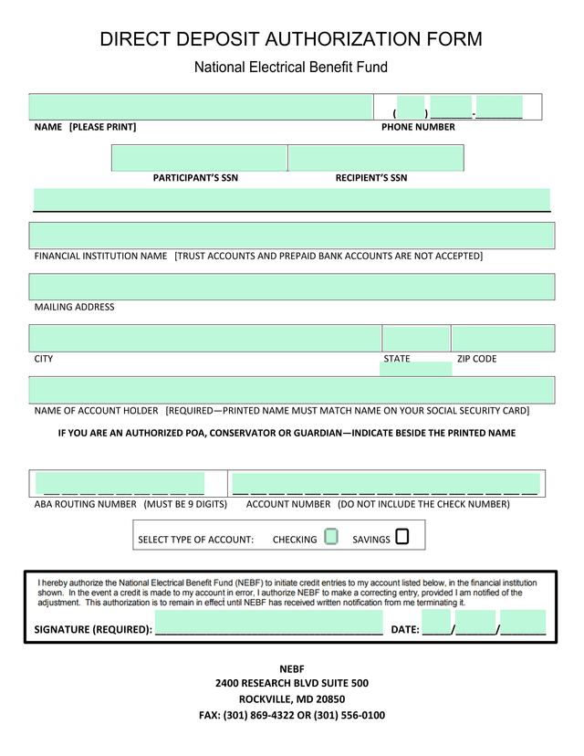 Direct Deposit Authorization Form screenshot