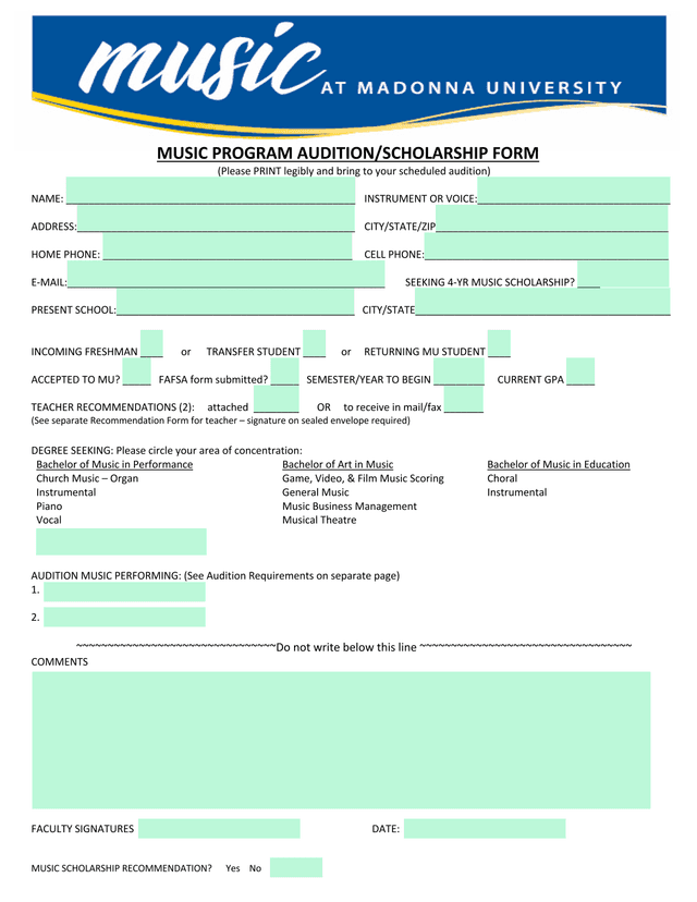 Music Program AuditionScholarship Form screenshot